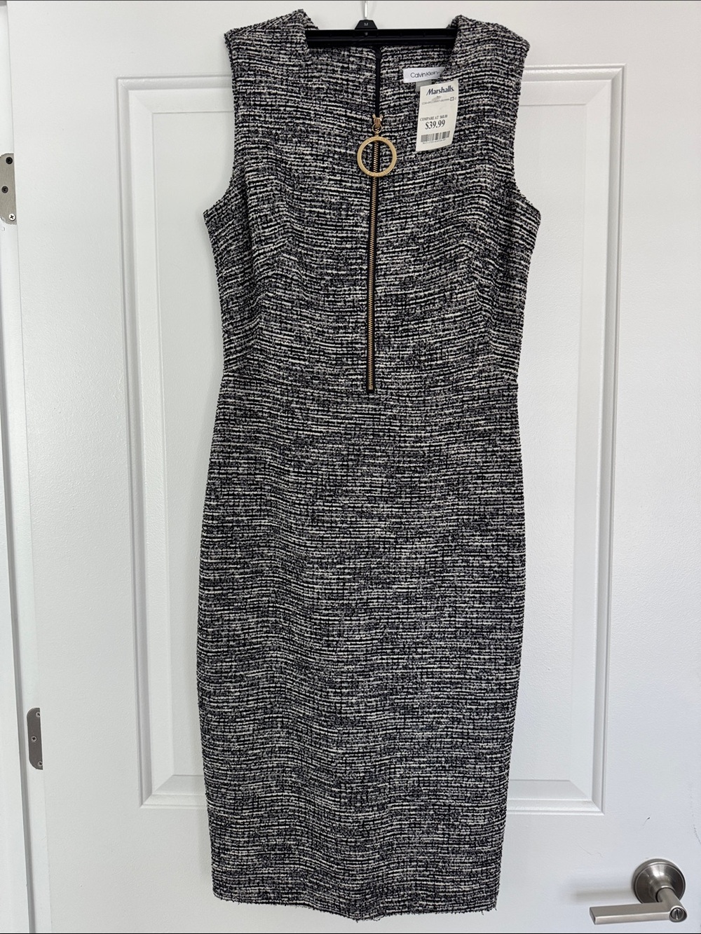 Calvin Klein Black and White Tweed Sheath Dress with Gold Zip